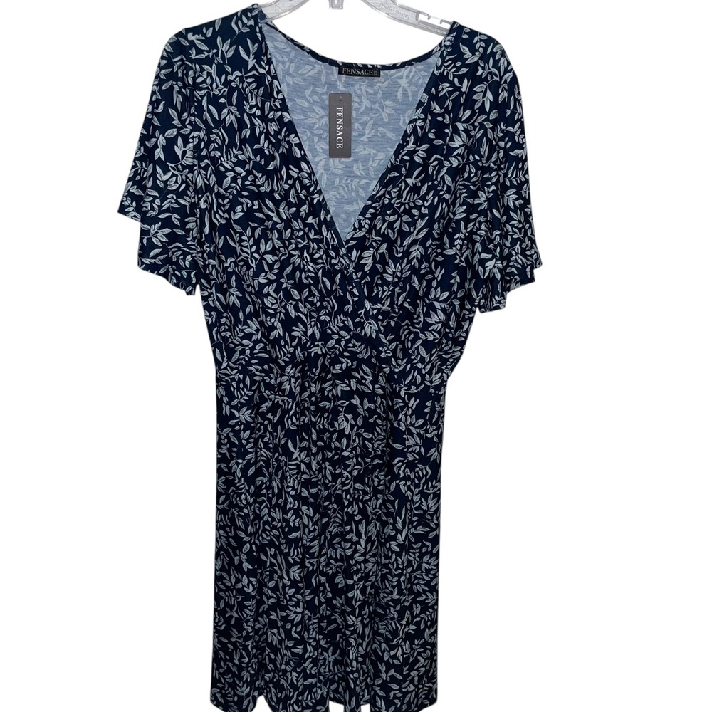 FENSACE Plus Size XL‎ Navy Blue White Leaf Print V Neck Short Sleeve Midi Dress